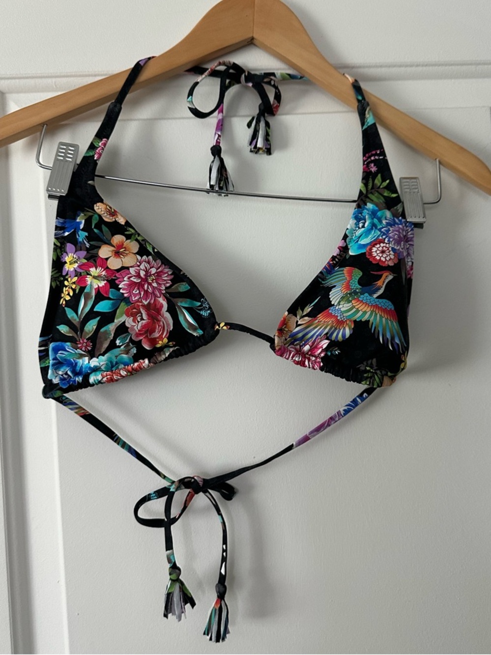 Johnny Was Black Floral & Bird Triangle Bikini Top